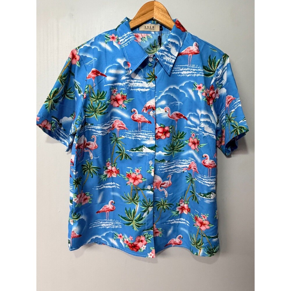 SSLR Womens XL Hawaiian Shirt Blue Tropical Floral Button Front NWT